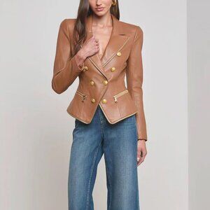 L AGENCE Bethany Leather Tapered Blazer In Soft Cognac